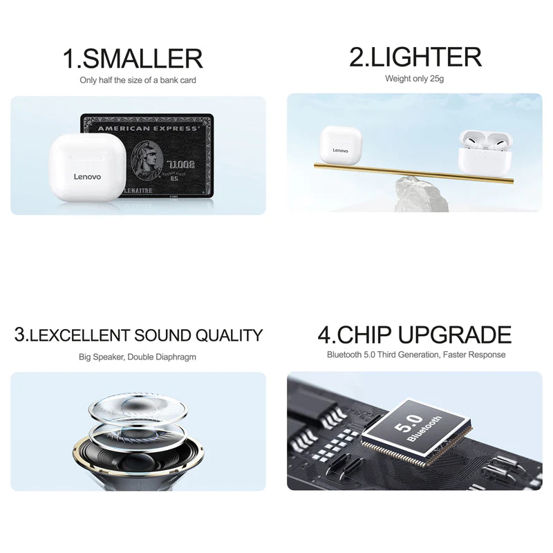 Lenovo LP40 TWS Wireless Earbuds with Bluetooth 5.0, Dual Stereo, Noise Reduction, Bass Enhancement, Touch Control, and 230mAh Long Standby Battery