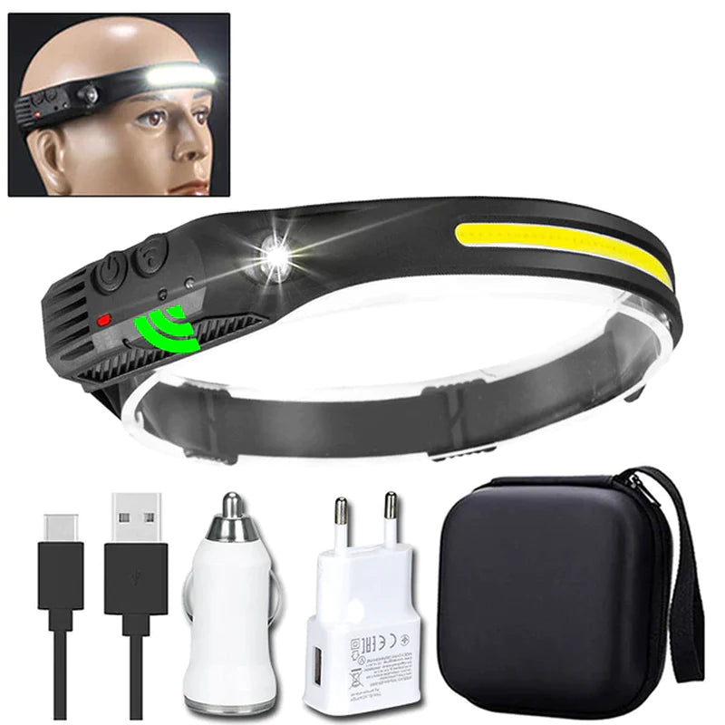 COB LED Rechargeable Sensor Headlamp with 5 Lighting Modes and Built-In Battery