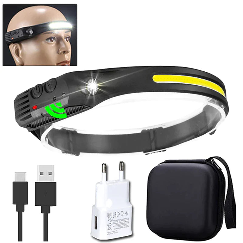 COB LED Rechargeable Sensor Headlamp with 5 Lighting Modes and Built-In Battery
